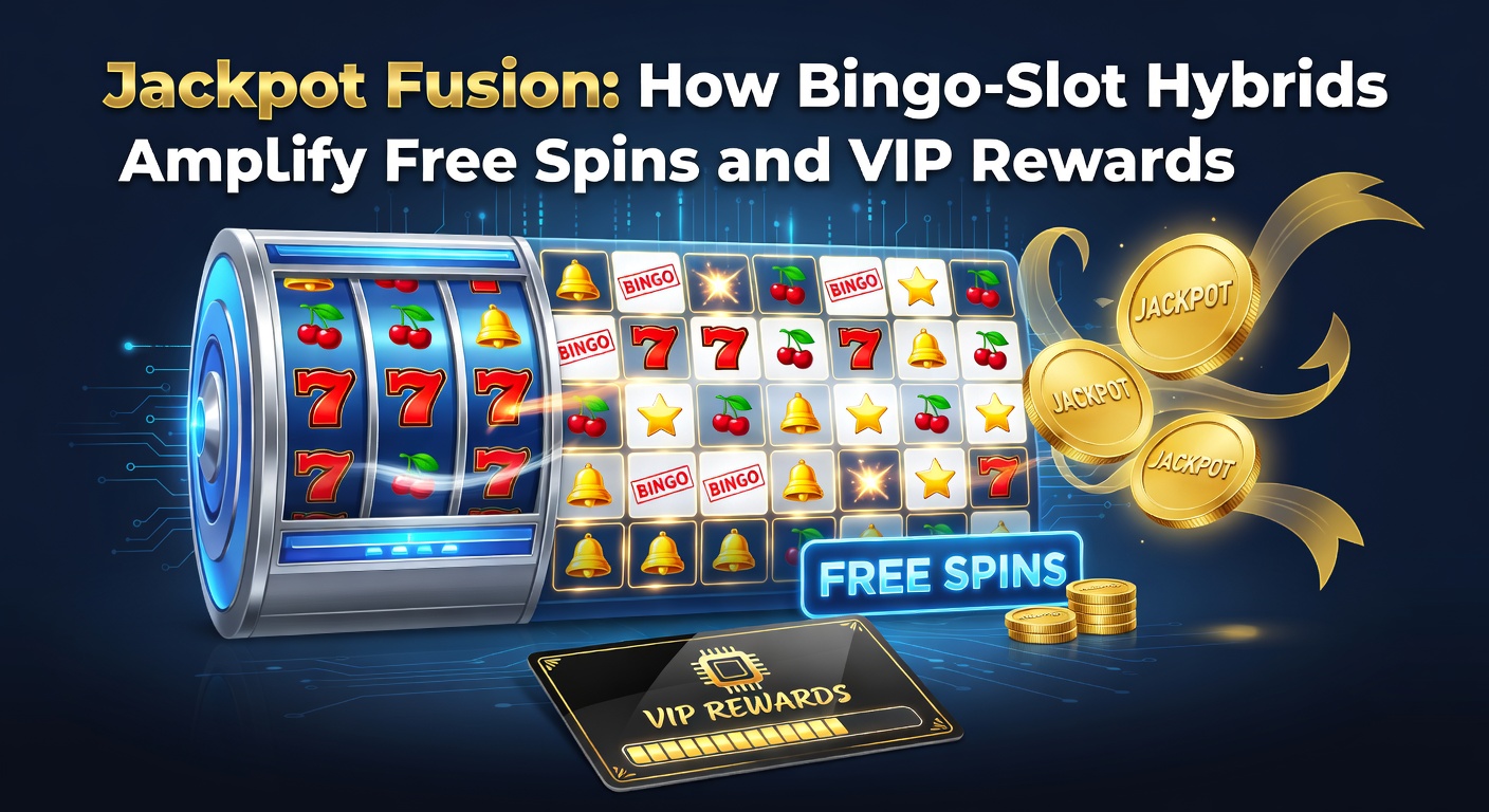 Dynamic display of a bingo-slot hybrid interface highlighting jackpot fusion with cascading free spins and glowing VIP reward tiers
