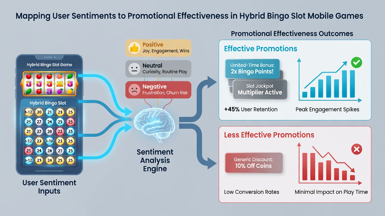 Analytics dashboard displaying sentiment trends mapped against promotional performance in bingo slot apps
