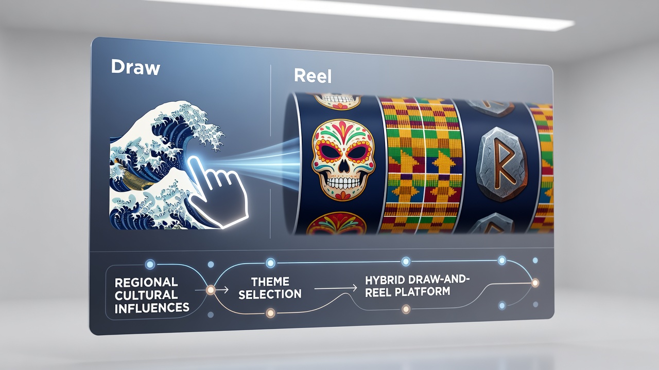 Hybrid draw-and-reel game interface displaying culturally themed symbols from multiple regions including Asian dragons, European folklore icons, and North American wildlife elements