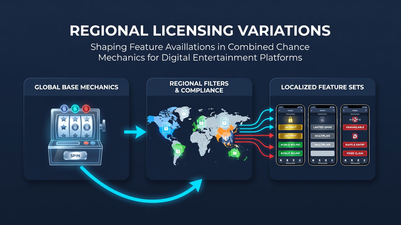 Digital interface showing combined bingo and slot mechanics with regional licensing overlays across multiple jurisdictions