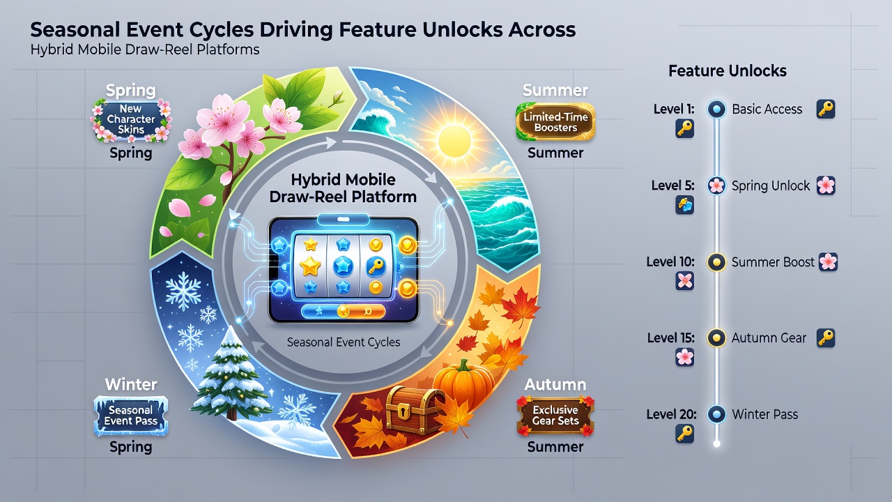 Mobile draw-reel hybrid app displaying seasonal feature unlock interface